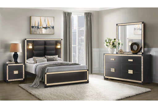 Blake Black/Gold Bed with Lamps, Dresser, Mirror, Nightstand
