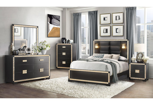 Blake Black/Gold King Bed with Lamps, Dresser, Mirror, 2 Nightstand