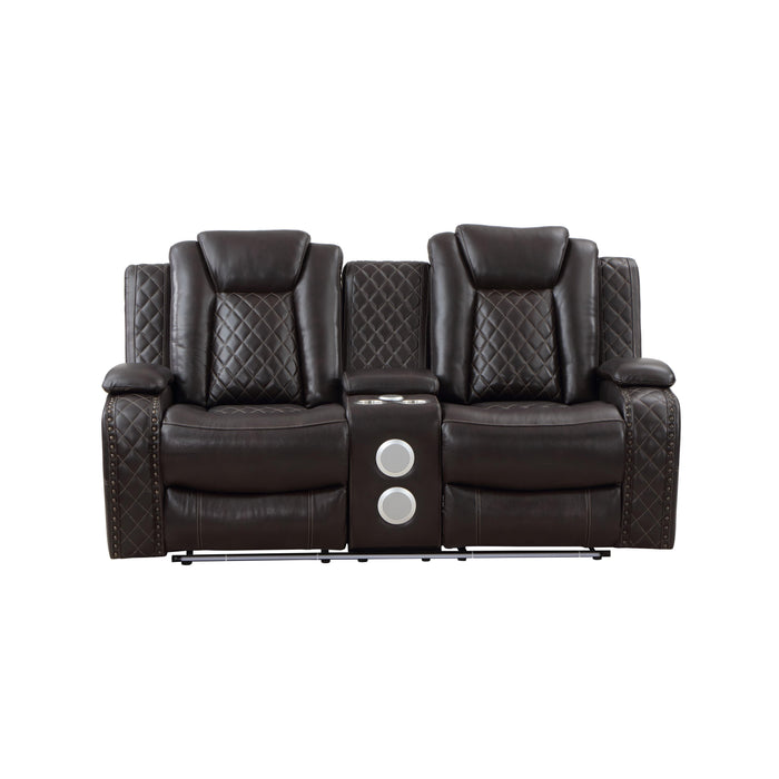 JOSHUA LEATHER CONSOLE LOVESEAT W/ PWR FR & HR-DK BROWN