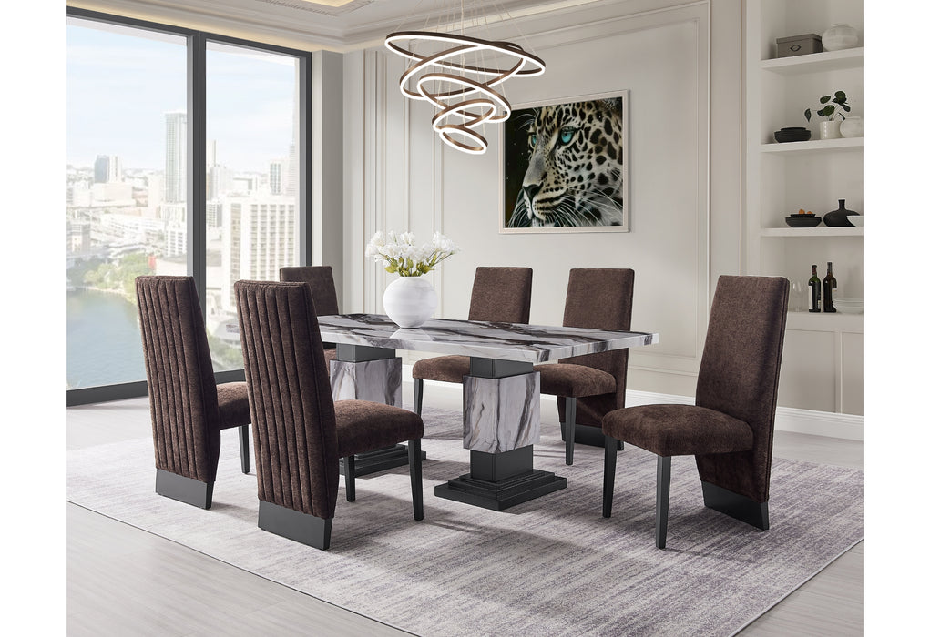 D12 DINING TABLE AND 6 D12 BROWN DINING CHAIRS