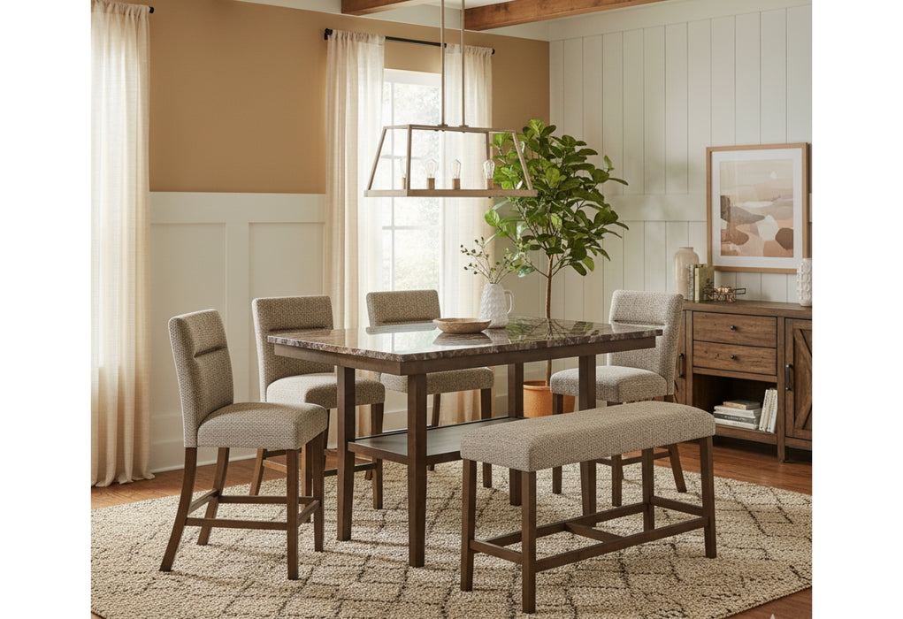 D4355 BROWN BAR TABLE WITH 4 BAR STOOLS AND BENCH